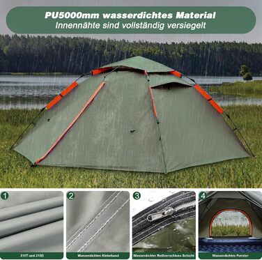 Намет для кемпінгу з тамбуром, намет для 2-4 особи, водонепроникний PU5000, для відпочинку, подорожей, трекінгу, саду, куполоподібний, ультралегкий, рюкзак, 2025, армійний зелений (Pop Up)