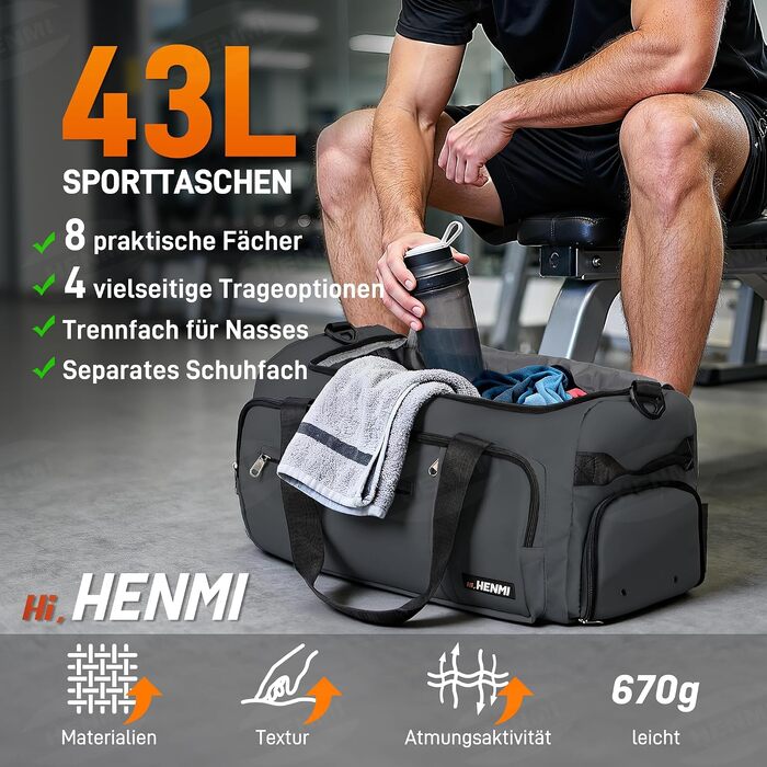 Спортивна сумка для подорожей та тренувань HENMI, 43 л, унісекс (Сіра)