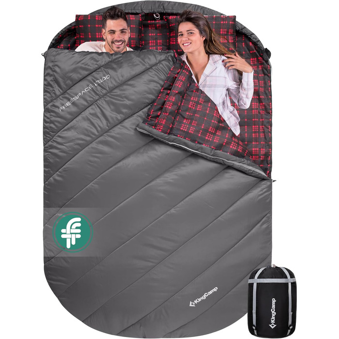 Сплячий мішок KingCamp для 2 осіб з фланелі, зимовий, 3-4 сезони, з подушками, для кемпінгу та відпочинку на природі (сірий)