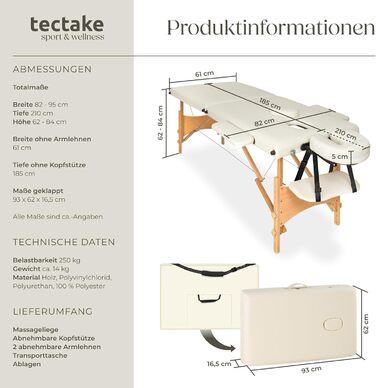 Складаний масажний стіл tectake 2-секційний, переносний, висота регулюється, 5 см м'яка оббивка, масажна кушетка з дерев'яними ніжками, сумка для перенесення, бежевий