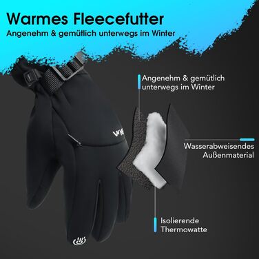 Зимові велосипедні рукавички для чоловіків та жінок, водонепроникні та вітронепроникні, з кишенею на блискавці та функцією сенсорного екрану, термо рукавички для MTB та шосейних велосипедів, чорні, XL