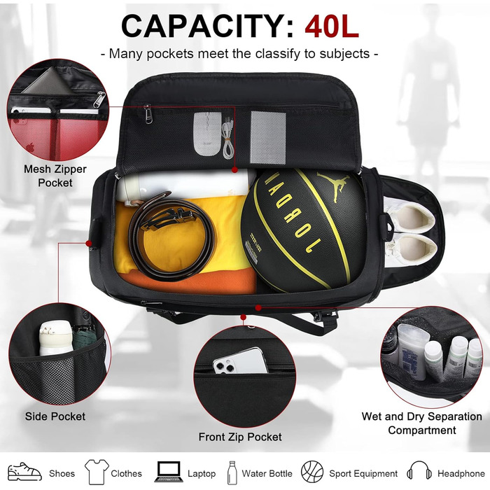 Спортивна сумка RAINSMORE 40L для чоловіків та жінок, водонепроникна, з відділенням для взуття та вологих речей, для тренувань, подорожей, спортзалу, чорна