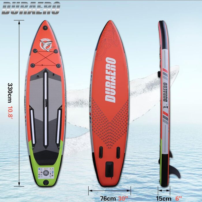 Надувна SUP дошка Stand Up Paddle Board 330x76x15 см, знімні 3 плавники, сидіння для каяка, регульоване подвійне весло, тримач для камери, комплект аксесуарів, вантажопідйомність до 150 кг, червона