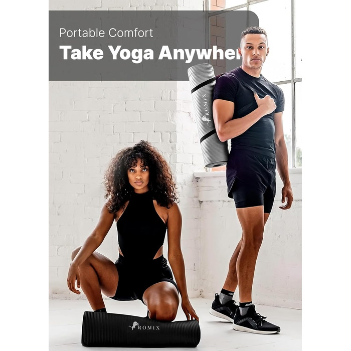 ROMIX Килимок для йоги 183x80 см, 10-15 мм товщина, неслизький, екологічний, гіпоалергенний, без латексу, сірий, для дому та подорожей