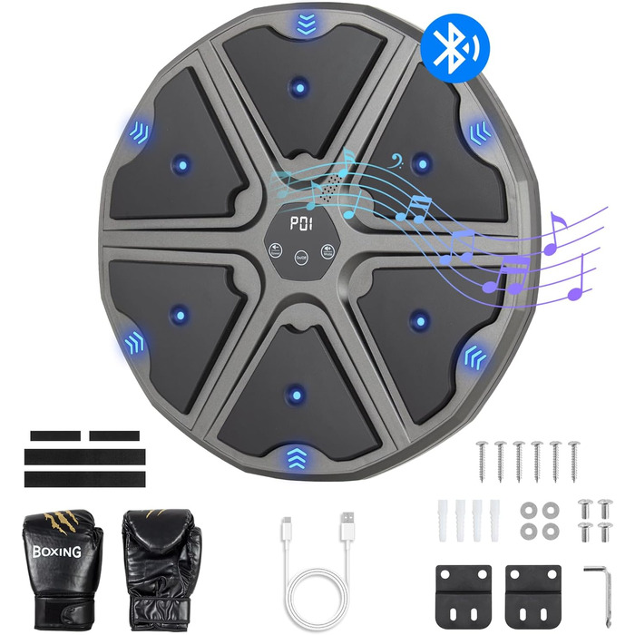 Музична боксерська машина Todeco з LED, Bluetooth, рукавичками та настінною ціллю - 9 режимів швидкості та режим підрахунку для дітей та дорослих