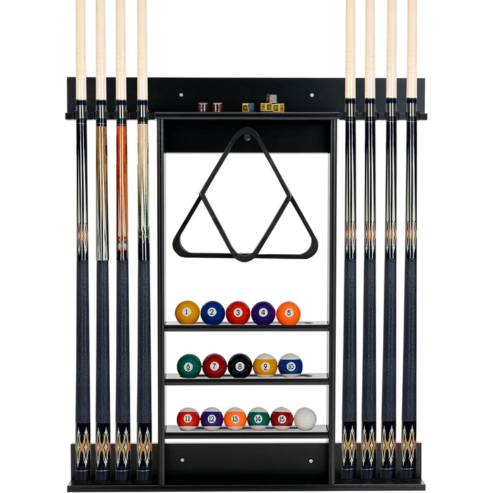 Підставка для більярних київ COSTWAY на стіну, для 8 київ, 15 куль та підставки для куль, з натурального дерева (чорна)