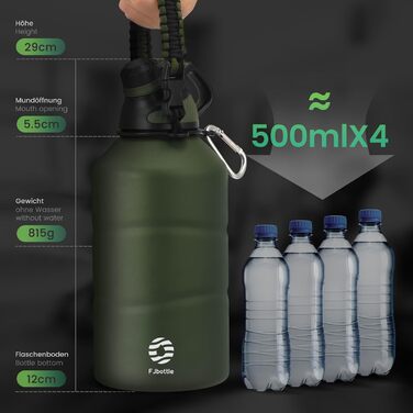 Термос Fjbottle з нержавіючої сталі 1900 мл, магнітна кришка, BPA-free, подвійні стінки, герметичний, підходить для газованої води, спортивна пляшка для води, університет, фітнес, кемпінг, outdoor