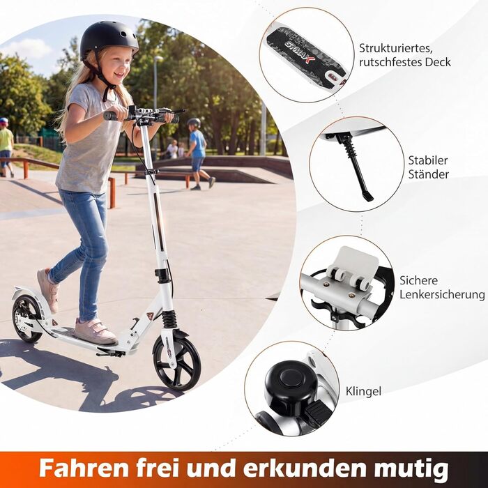 COSTWAY Розкладний електросамокат для дітей та дорослих, білий. Самокат з дзвінком, підніжкою, вантажопідйомністю 100 кг та ременем для перенесення