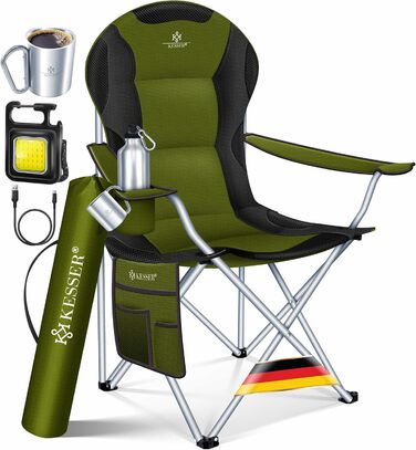 Крісло для кемпінгу KESSER® з підлокітниками, 150 кг, з підсвіткою, тримачем для напоїв, хакі/чорний