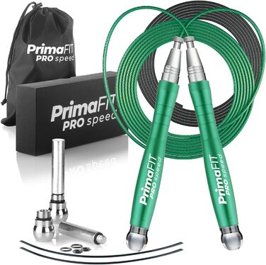 Скакалка PrimaFIT для дорослих, професійна швидкісна, 3 м, з регульованою довжиною, обтяжувачами, 2 підшипниками, антиковзкими ручками, для боксу, MMA, кросфіту, сталевий трос, чохол, зелена