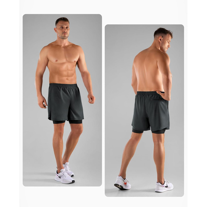 Шорти чоловічі Niksa 2er Pack 2-в-1: спортивні, швидковисихаючі, дихаючі, з кишенею для телефону (XL, сірий)