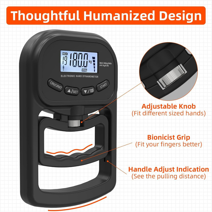 Електронний динамометр для вимірювання сили хвата, 180 кг, з регульованою ручкою та силіконовими кільцями