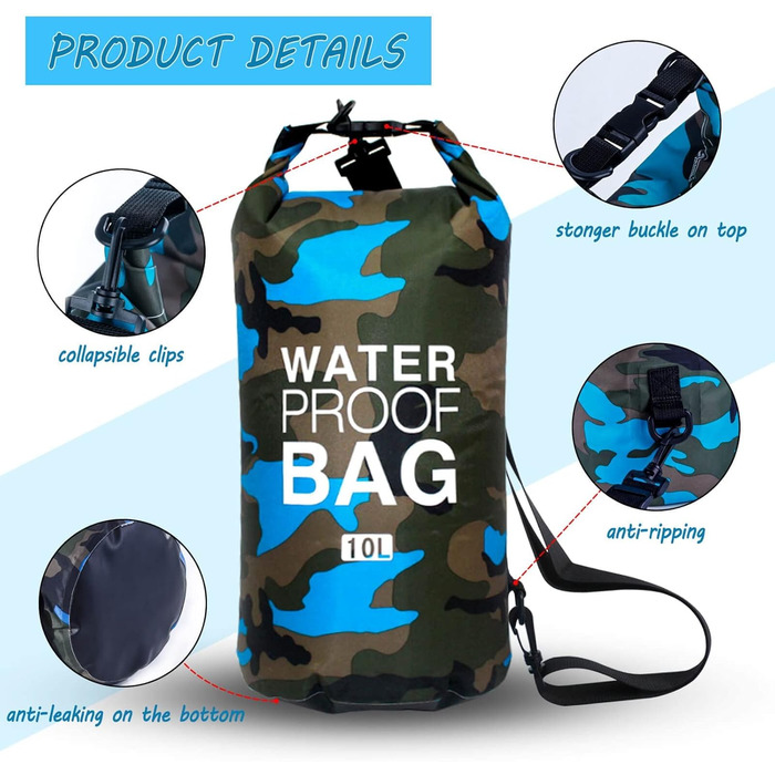 Водонепроникна сумка-мішок Dry Bag 10L/20L з регульованим плечовим ременем для плавання, рафтингу, кемпінгу, риболовлі, катання на човні, піших прогулянок та каякінгу (Світло-блакитний, 10L)