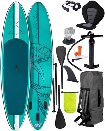 Надувний SUP Board BRAST Shark | Комплект для станд-ап паділбордингу | 320x81x15 см | 8 дизайнів | 5 років гарантії | з аксесуарами | 2в1: SUP Board та каяк | тримач для Action Cam, ланцюг для ніг, насос, рюкзак | Колір: блакитний