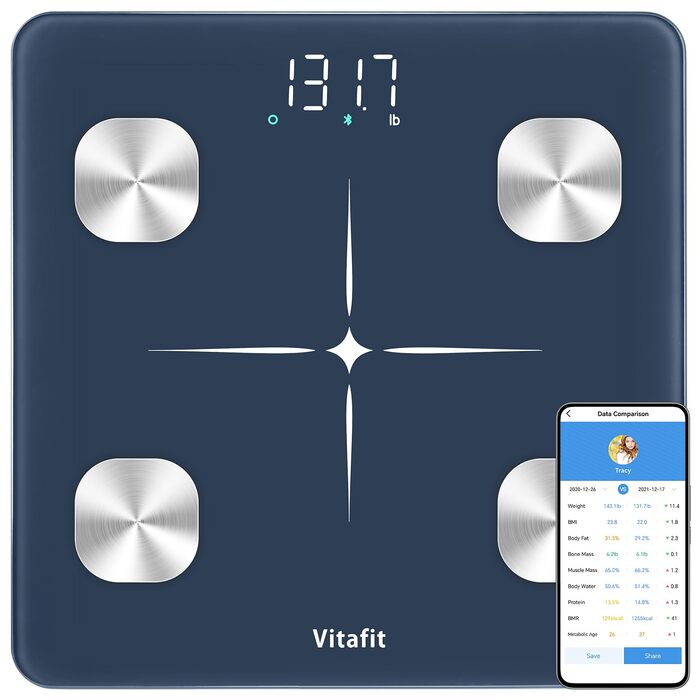Ваги підлогові Vitafit з Bluetooth, аналізатор складу тіла (жир, м'язи, BMI), до 180 кг, висока точність, блакитні