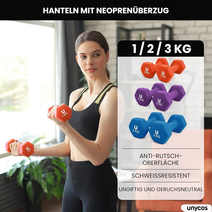 Гантелі неопренові UNYCOS 2 шт. 1-10 кг, короткі, антиковзаючі, для фітнесу, силових тренувань, пілатесу, дому. Набір 1 кг, 2 кг, 3 кг.