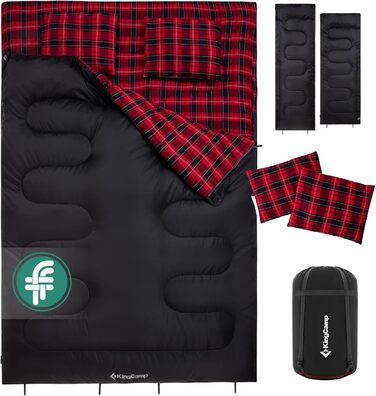Спальний мішок KingCamp на 2 особи з фланнелю для зими, 3-4 сезони, з подушками, для кемпінгу та відпочинку на природі (чорний)