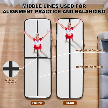 FBSPORT Килимок для гімнастики та йоги надувний, 400x100x10 см, з ролею, чорно-сірий