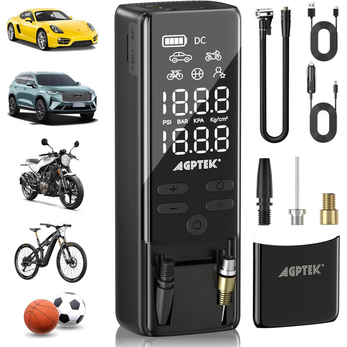 AGPTEK електричний насос-компресор 150PSI 75000mAh 12В з LCD-дисплеєм, LED-підсвіткою, для шин авто, велосипедів, мотоциклів і м'ячів