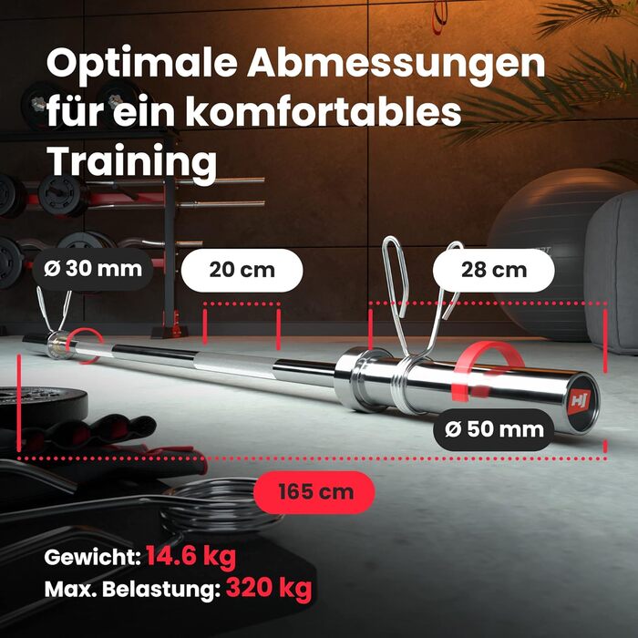 Штанга Hop-Sport Olympia 50 мм – довга 165 см, EZ-штанга 120 см, супер EZ-штанга 120 см і гантельна штанга 50 см, хромована, з насічкою та пружинними замками