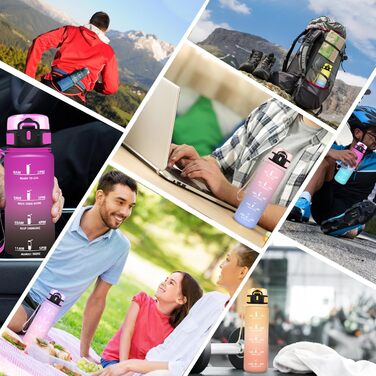 Спортивна пляшка для води 1 л, витікання, з маркуванням часу, легка, для велосипеда, школи, офісу, фітнесу (1000 мл, фіолетово-чорна)