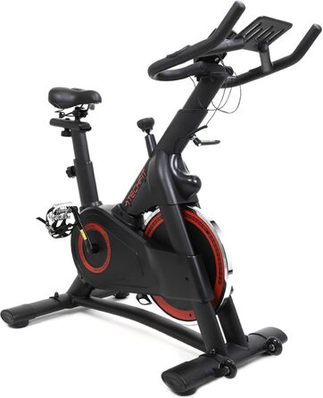 Велотренажер TechFit Professional Indoor Cycle з маховиком 20 кг, магнітним опором (99 рівнів), Bluetooth, дисплеєм, кріпленням для планшета, алюмінієвими педалями та регульованим кермом. Максимальна вага користувача: 200 кг. Розміри: 117x107x53 см