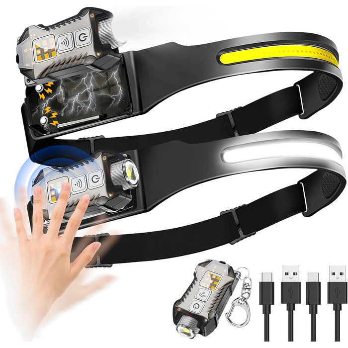 Налобний ліхтар Foleto, 2 шт., перезаряджається, 230° світловий потік, знімається, з датчиком руху, 9 режимів для кемпінгу, риболовлі, бігу та хайкінгу