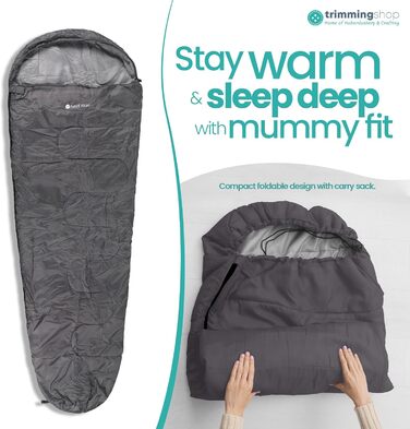 Спальний мішок Mumienschlafsack для дорослих - легкий, компактний, водонепроникний, з капюшоном, 220x85 см - теплий, пральний, для кемпінгу, піших прогулянок, подорожей (сірий)