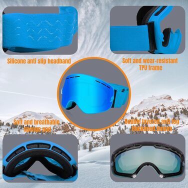 Queshark Скі-маска: подвійна сферична лінза, захист UV400, анти-запітління та анти-відблиск, сумісна з шоломом, для сноуборду та лиж, чорно-коричневий колір (блакитна лінза)