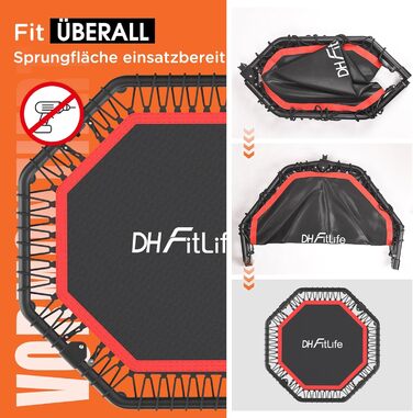 Трамплін для фітнесу DH FitLife: складаний, тихий, з гумовим тросом, без встановлення. Діаметр 115/128 см, з 3 рівнями регулювання ручки. Підходить для занять вдома та на вулиці.