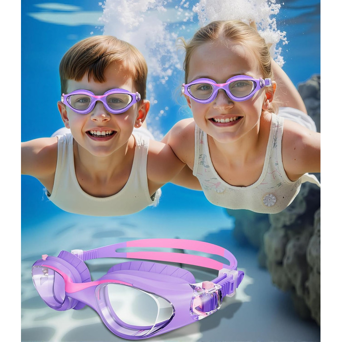 Дитячі окуляри для плавання Schwimmbrille - маска для хлопчиків та дівчаток з UV-захистом та антифогом, водонепроникні, прозорі лінзи, для дітей 6-14 років (Ліловий колір)