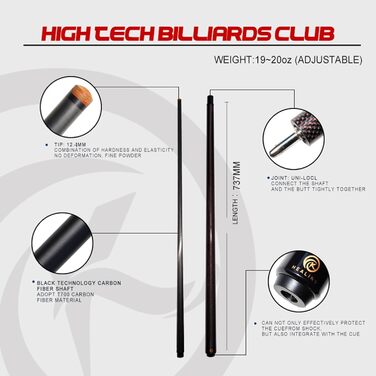 Кю Білліард KHEALING з карбону, 58 дюймів, 1/2-дюймова структура, 3-зубчастий з'єднувач, наконечник 12.4 мм, вага 540-567 г, для професійних гравців, червоний