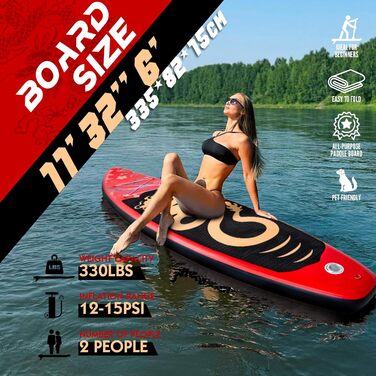 SUP дошка FEATH-R-LITE надувна 11ft для підлітків та дорослих, з аксесуарами (весло, рюкзак, насос, ліш, плавники) Red Dragon
