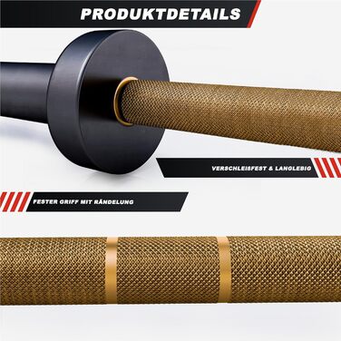 Олімпійський гриф GORILLA SPORTS 220 см, 50 мм, 20 кг, сталь, керамічна основа, чорний/золотий