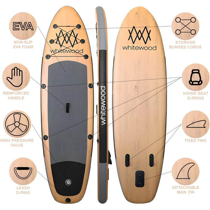 Надувна SUP-дошка Whitewood 305-335 см, преміум-дизайн під дерево, вантажопідйомність 180 кг, для 2-3 осіб, з аксесуарами: рюкзак, весло, насос, страховочний ремінь, водонепроникна сумка