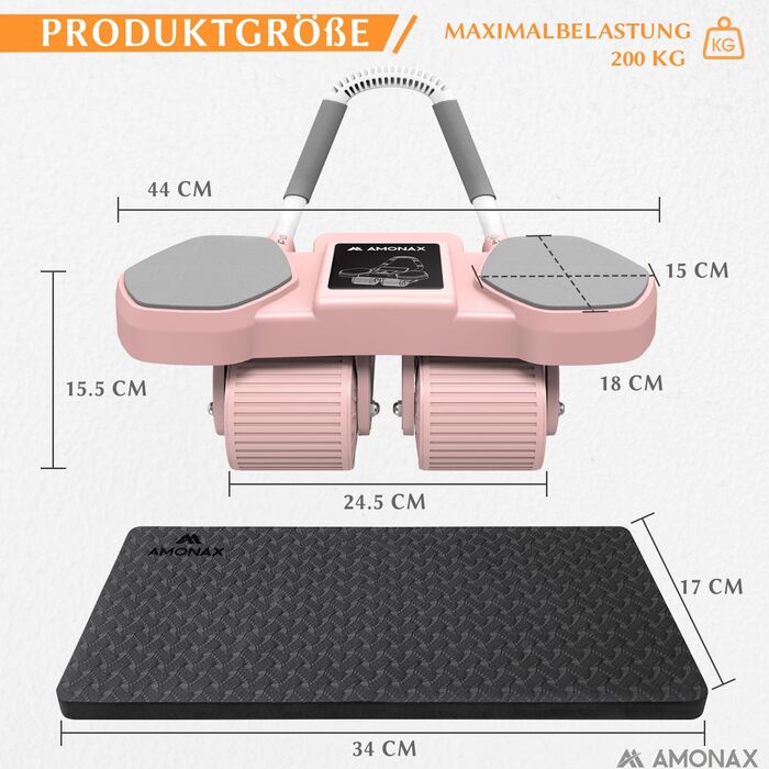 Ролер для пресу Amonax з чотирма колесами та підставкою для ліктів, автоматичний ролер для тренування пресу, ролер для пресу для чоловіків та жінок (рожевий)