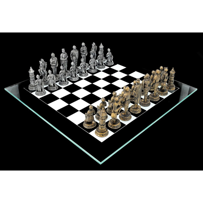 Шахи середньовічні лицарі Золото vs Срібло - набір шахів з скляною шахівницею та фігурами