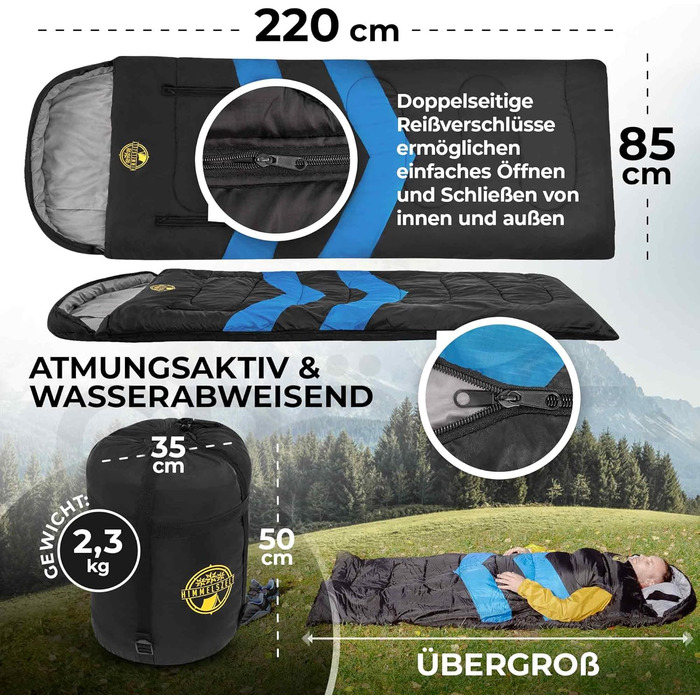 Спальний мішок HIMMELSZELT 4 сезони -5°C до +10°C, 220x85см, водонепроникний, DRYSHIELD, для кемпінгу, туризму, риболовлі, чорно-синій