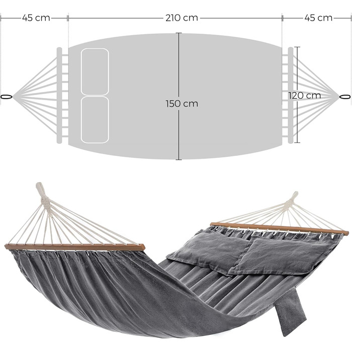 Гамак SONGMICS вуличний, з дерев'яними планками, 2 подушки, до 300 кг, 210x150 см, сірий