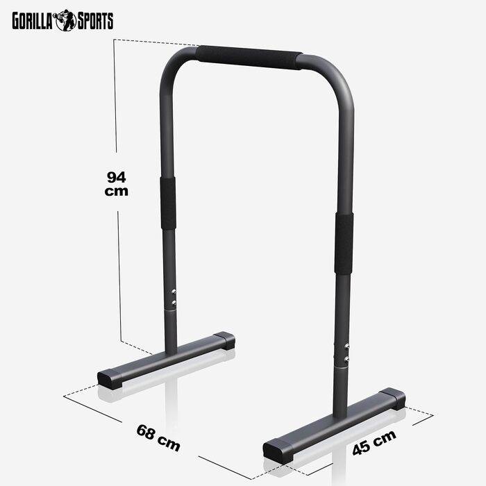 Паралети GORILLA SPORTS® для віджимань і діпів, сталеві, антипослизькі, до 200 кг, 68x45x94 см, чорні – станція для віджимань, кросфіт і калістеніка