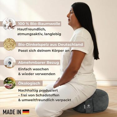 Йога подушка Inner Peace Round Cord 33x16 см XL | Подушка для медитації | Bio-Baumwolle & Bio-Dinkelfüllung | Йога подушка для сидіння | Зроблено в Німеччині (Антрацит)