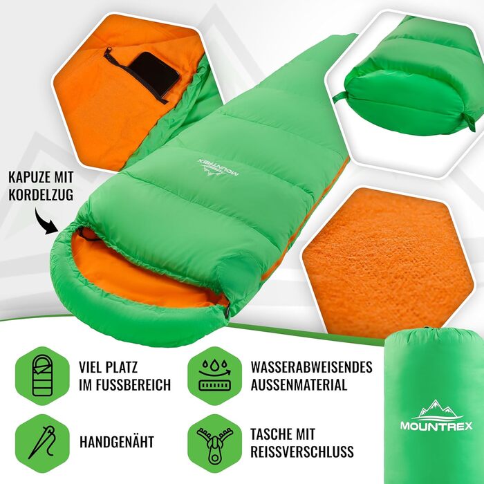Дитячий спальний мішок MOUNTREX® - 175x70x45 см, бавовна. Підходить для подорожей, кемпінгу та відпочинку на природі. Легкий та компактний, зручний як рюкзак.