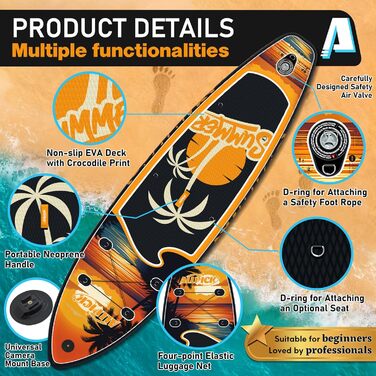 Набір SUP-дошки ALLPICK Premium: надувна дошка для сапсерфінгу з кріпленням для камери, повний комплект аксесуарів, регульоване весло, для початківців та досвідчених, 200 кг (Колір: Захід сонця - Оранжевий)