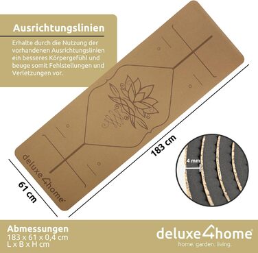 Йога мат Kork Deluxe4home® з TPE: антиковзка фітнес-тренувальна килимок для йоги та пілатесу з ручкою, з розміткою, чорний