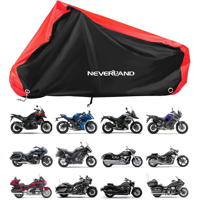 Водонепроникний чохол для мотоцикла NEVERLAND XXXL (255x75x145см), 300D Oxford, захисна навіс-гараж з замками та вітрозахистом, чорно-червоний
