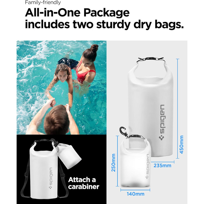 Набір водонепроникних сумок Spigen Dry Bag Set [Aqua Shield] 20L+21L для пляжу, плавання, кемпінгу, каякінгу, човнів (Snow White)
