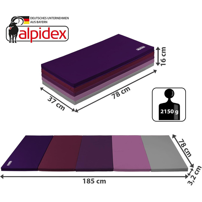 Гімнастичний мат ALPIDEX складаний 185x78x3,2 см, спортивний мат для дому, дітей та дорослих, фіолетовий