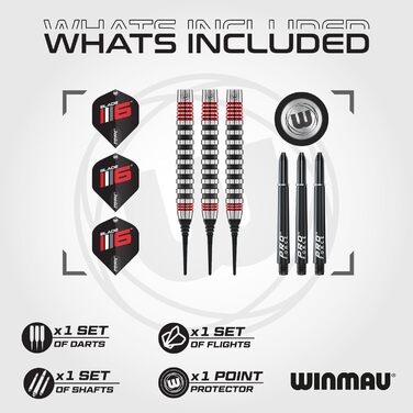 Професійний набір дартсів WINMAU Advance 500, вольфрамові, Softip, 22 г, червоні, з оперенням та стрижнями