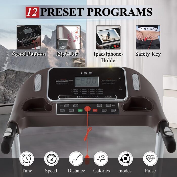 Бігова доріжка ISE Profi складана, 12 програм, LCD-дисплей, для дому