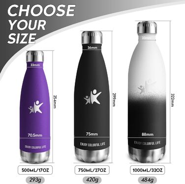 Термос KollyKolla з нержавіючої сталі 500мл/750мл/1л, термокружка, пляшка для води, спортивна, для дітей, без BPA, для школи, фітнесу, кемпінгу